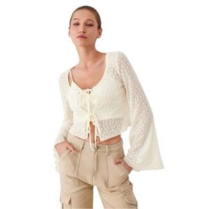 Cider Cream Lace Tie-Front Bell Sleeve Crop Top